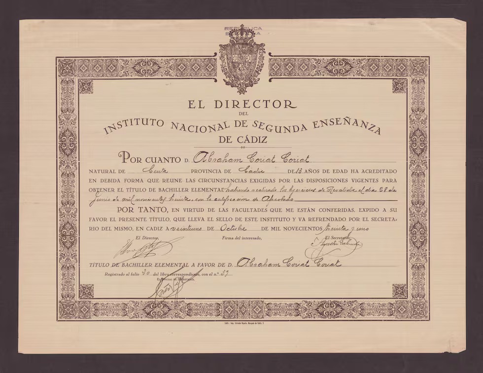 Certificado de escolarizacion de un judio gaditano S. XIX